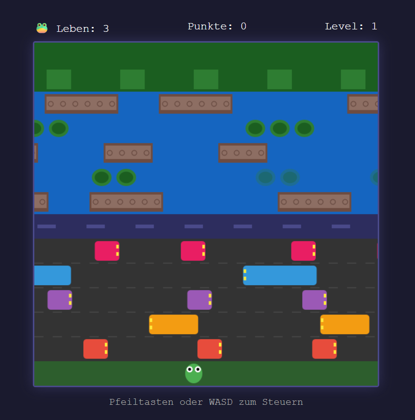 Frogger-Klon generiert von KI – vollständig spielbar im Browser mit Retro-Neon-Optik